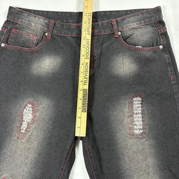 Mens Black Distressed Jeans Size 38 Slim Fit Red Stitch Grunge Streetwear NWT Y